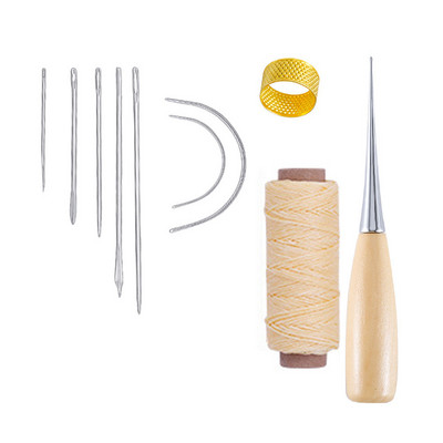 10 dalių rankinių odinių dirbinių įrankių rinkinys su adata, odine vaškuota sriegio gręžimo yla ir antpirščiu odai taisyti