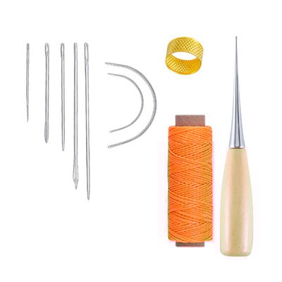 10 dalių rankinių odinių dirbinių įrankių rinkinys su adata, odine vaškuota sriegio gręžimo yla ir antpirščiu odai taisyti