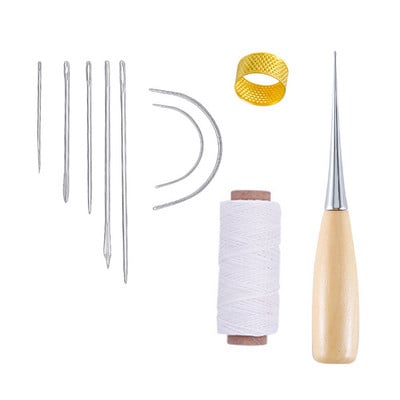 10 dalių rankinių odinių dirbinių įrankių rinkinys su adata, odine vaškuota sriegio gręžimo yla ir antpirščiu odai taisyti
