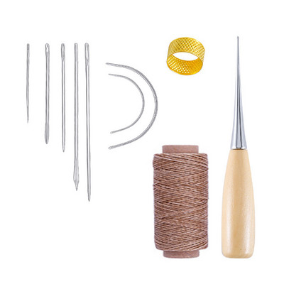 10 dalių rankinių odinių dirbinių įrankių rinkinys su adata, odine vaškuota sriegio gręžimo yla ir antpirščiu odai taisyti