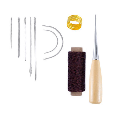 10 dalių rankinių odinių dirbinių įrankių rinkinys su adata, odine vaškuota sriegio gręžimo yla ir antpirščiu odai taisyti