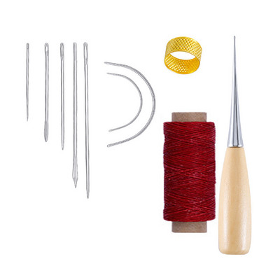 10 dalių rankinių odinių dirbinių įrankių rinkinys su adata, odine vaškuota sriegio gręžimo yla ir antpirščiu odai taisyti