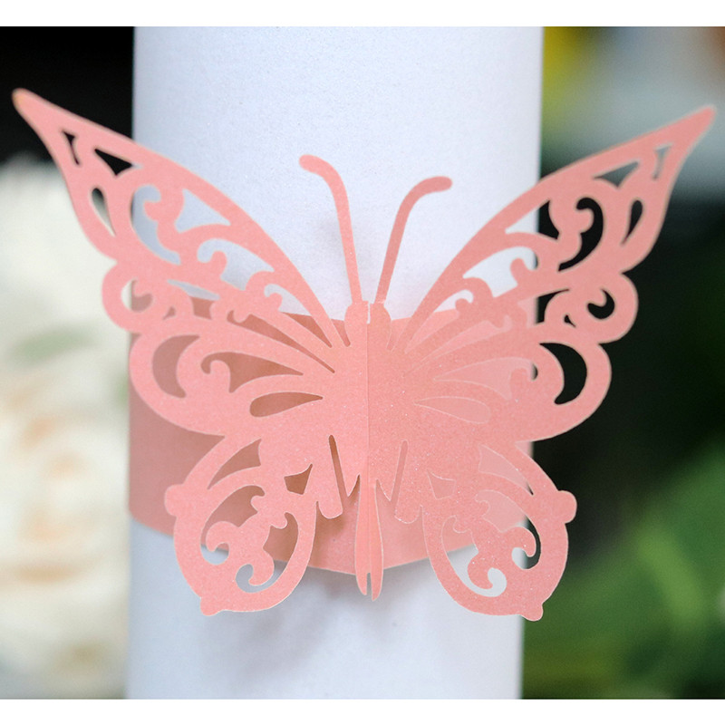 50gab Tauriņa formas lāzera griezuma papīra salvešu gredzens salvešu lentes salvešu gredzenu turētāji Ziemassvētku kāzu ballītes galda dekorēšanai