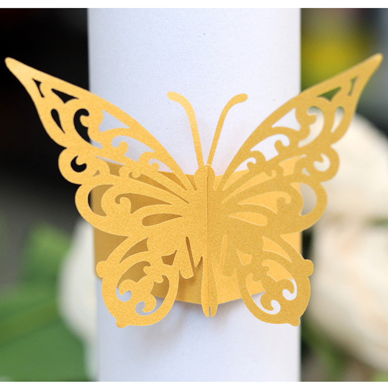 50gab Tauriņa formas lāzera griezuma papīra salvešu gredzens salvešu lentes salvešu gredzenu turētāji Ziemassvētku kāzu ballītes galda dekorēšanai