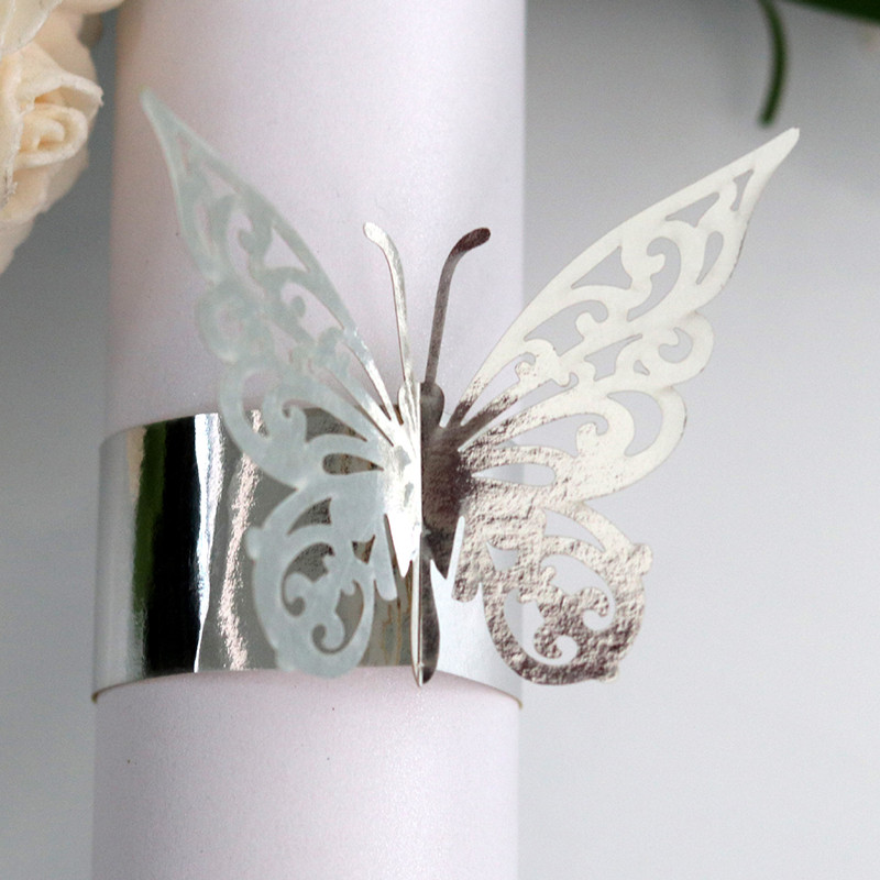 50gab Tauriņa formas lāzera griezuma papīra salvešu gredzens salvešu lentes salvešu gredzenu turētāji Ziemassvētku kāzu ballītes galda dekorēšanai