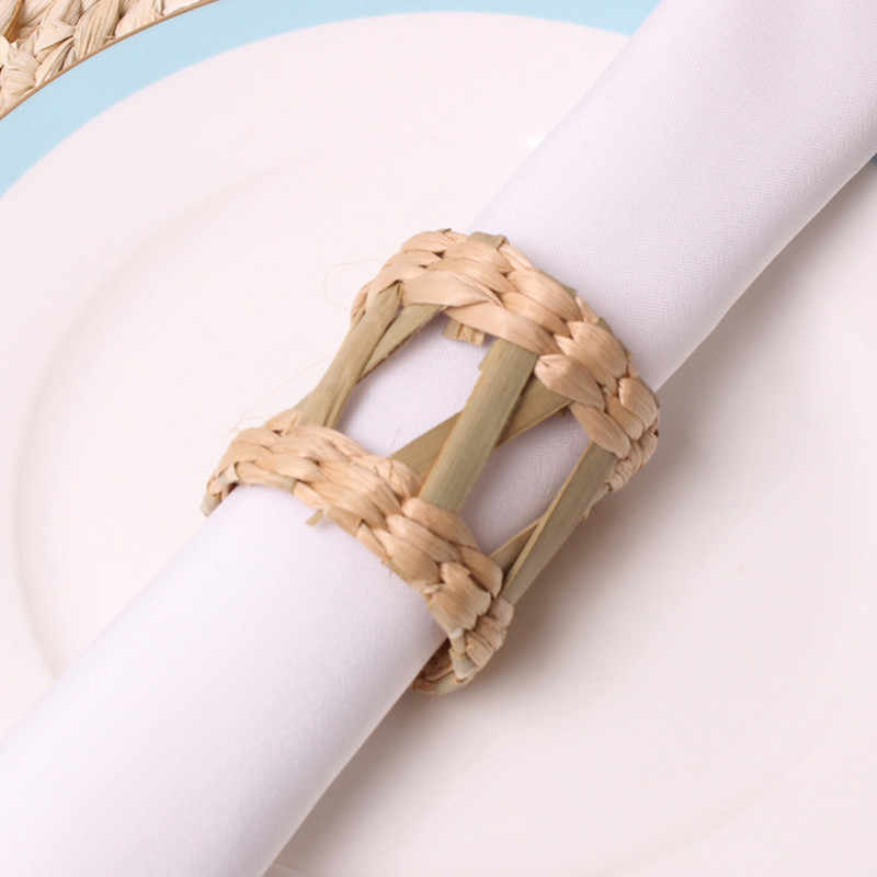 6gab Lauku stila salvešu gredzeni Dabiski salmu kukurūzas miziņa ūdens hiacintes zāle bambusa rotangpalmas sprādzes galda auduma turētājs Videi draudzīgs