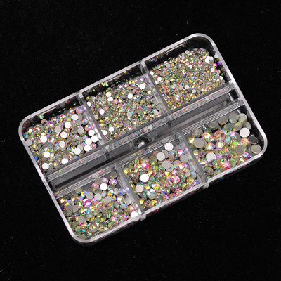 CTPA3bI 1 kastīte — kristāla nagu mākslas darbi ar Rhinestone Crystal AB plakanu dibenu, jauktu izmēru DIY nagu mākslas 3D dekorēšana 6 režģu kastē