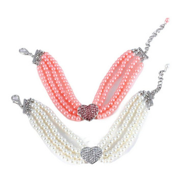 Ново кученце Куче Choker Rhinestone Heart Four Rows Pearls Dogs Колие Яка Блестяща котешка яка Бижута Стоки за домашни любимци