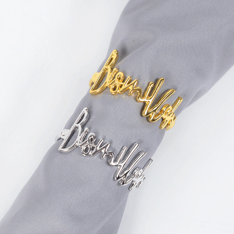 2/4/6 gab Leoy salvešu gredzeni Letter Prayer 42MM Alloy Blessing Bismillah salvešu turētājs kāzu dvieļu gredzenu galda dekorēšanai