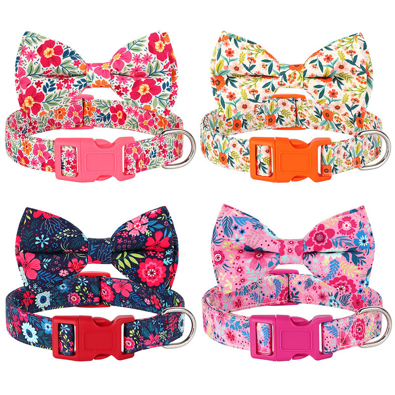 Flower Print Suņu kaklasiksna ar Bowknot Jauki tauriņš kucēnu kaķu kaklasiksnas Neilona ziedu suņu kaklarota maziem vidējiem suņiem čivava