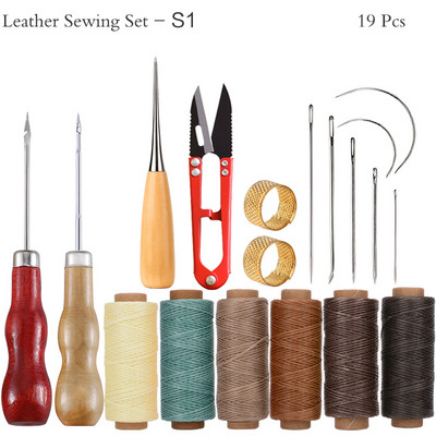 Δερμάτινο κιτ ραπτικής με κερωμένες κλωστές Βελόνες ραψίματος με γάντζο Σουβάρια νήματα Ψαλίδι για DIY Εργαλεία επισκευής δερμάτινων υποδημάτων ζώνης