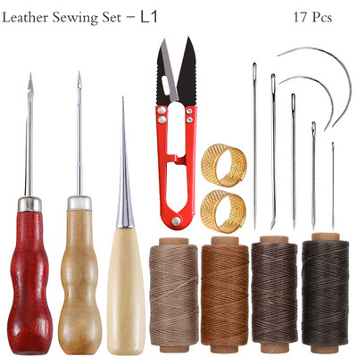 Δερμάτινο κιτ ραπτικής με κερωμένες κλωστές Βελόνες ραψίματος με γάντζο Σουβάρια νήματα Ψαλίδι για DIY Εργαλεία επισκευής δερμάτινων υποδημάτων ζώνης