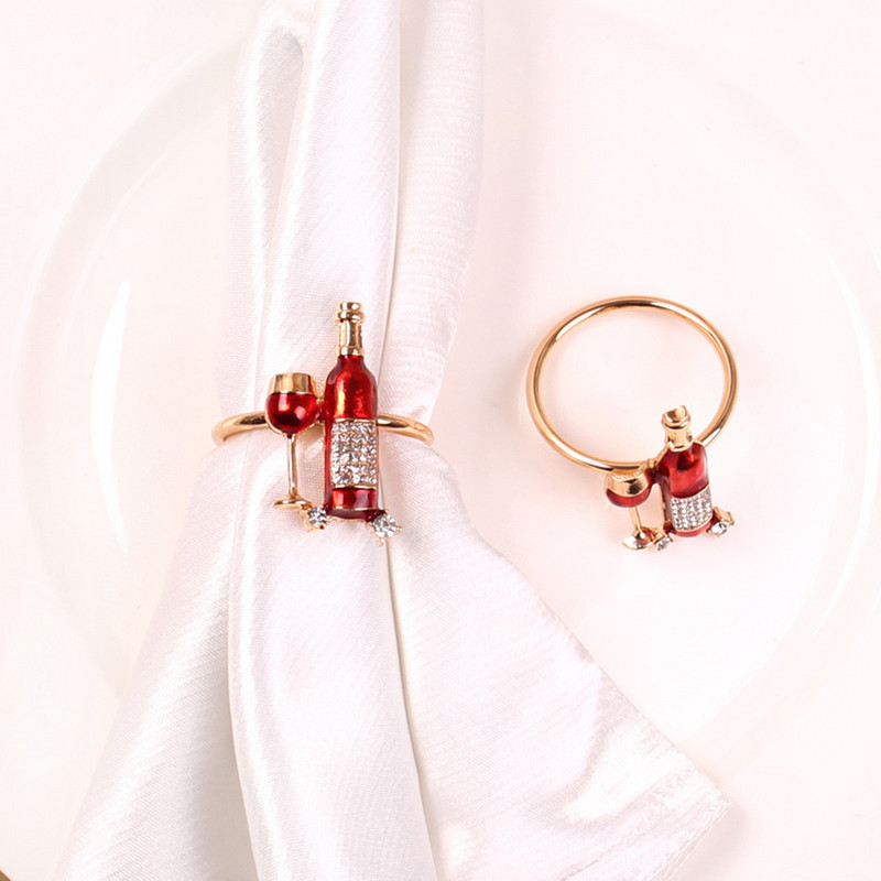 6vnt / rinkinys Raudonojo vyno butelis stiklinis metalinis servetėlių žiedai vestuvių Valentino dienos vakarėlio stalo dekoravimas servetėlių laikikliai rankšluosčių sagtys