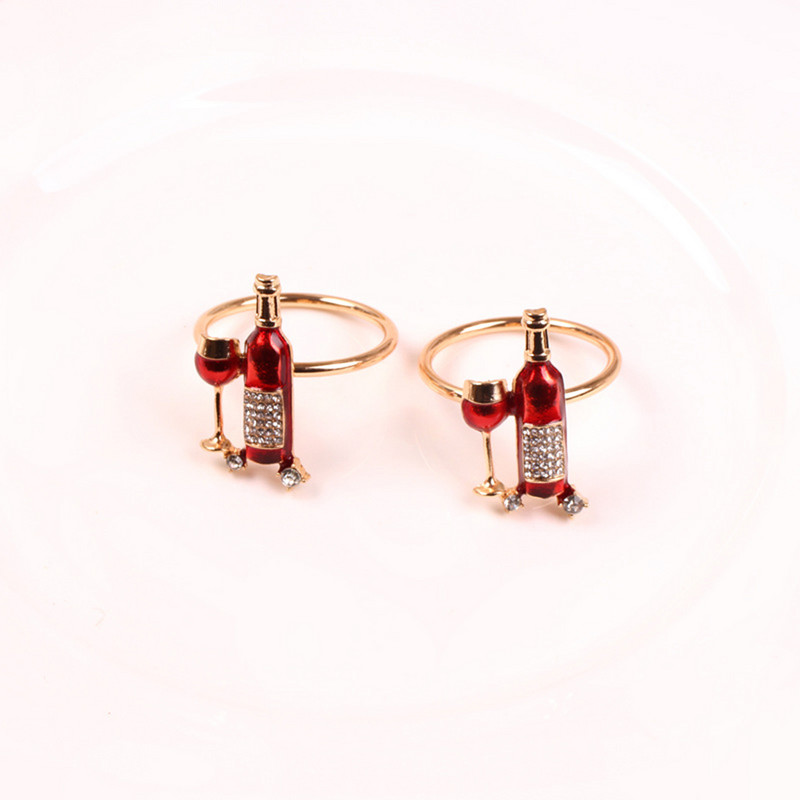 6vnt / rinkinys Raudonojo vyno butelis stiklinis metalinis servetėlių žiedai vestuvių Valentino dienos vakarėlio stalo dekoravimas servetėlių laikikliai rankšluosčių sagtys