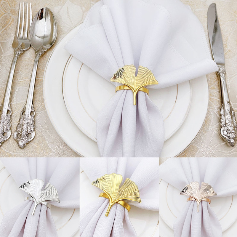 6 gab. Ginkgo lapu salvešu gredzenu sprādzes turētāji kāzu ballītei Mātes diena svinēt svētkus vakariņu galda dekorēšanai