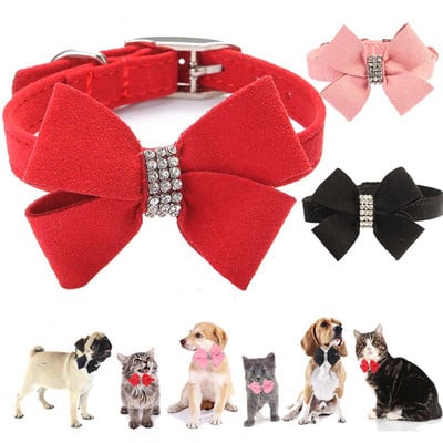 Guler de câine cu arc cu stras Colier cu diamant reglabil moale pentru guler pentru cățeluș și pisică Accesorii mici