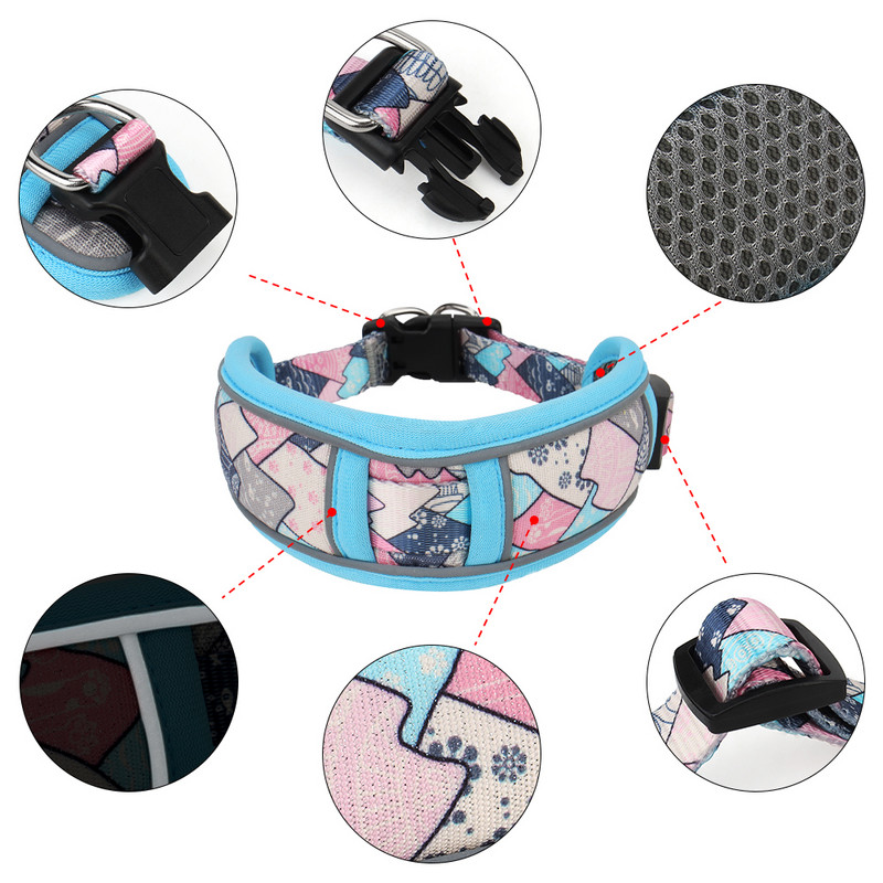 Neilona atstarojoša mājdzīvnieku kaklasiksna, elpojoša suņu kaklasiksna ar spēcīgu dubulto D gredzenu un modes apdruku maziem, vidēji lieliem suņiem