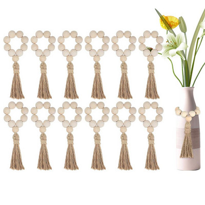 Χειροποίητες φυσικές ξύλινες χάντρες Δαχτυλίδια χαρτοπετσέτας Φούντες από γιούτα Θήκες για χαρτοπετσέτα για εξοχική διακόσμηση τραπεζαρίας γάμου