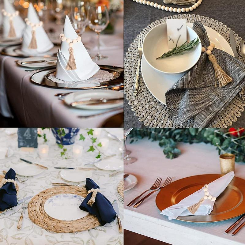 Χειροποίητες φυσικές ξύλινες χάντρες Δαχτυλίδια χαρτοπετσέτας Φούντες από γιούτα Θήκες για χαρτοπετσέτα για εξοχική διακόσμηση τραπεζαρίας γάμου