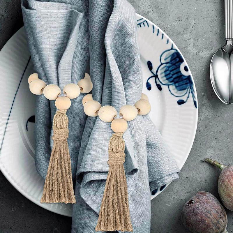 Χειροποίητες φυσικές ξύλινες χάντρες Δαχτυλίδια χαρτοπετσέτας Φούντες από γιούτα Θήκες για χαρτοπετσέτα για εξοχική διακόσμηση τραπεζαρίας γάμου