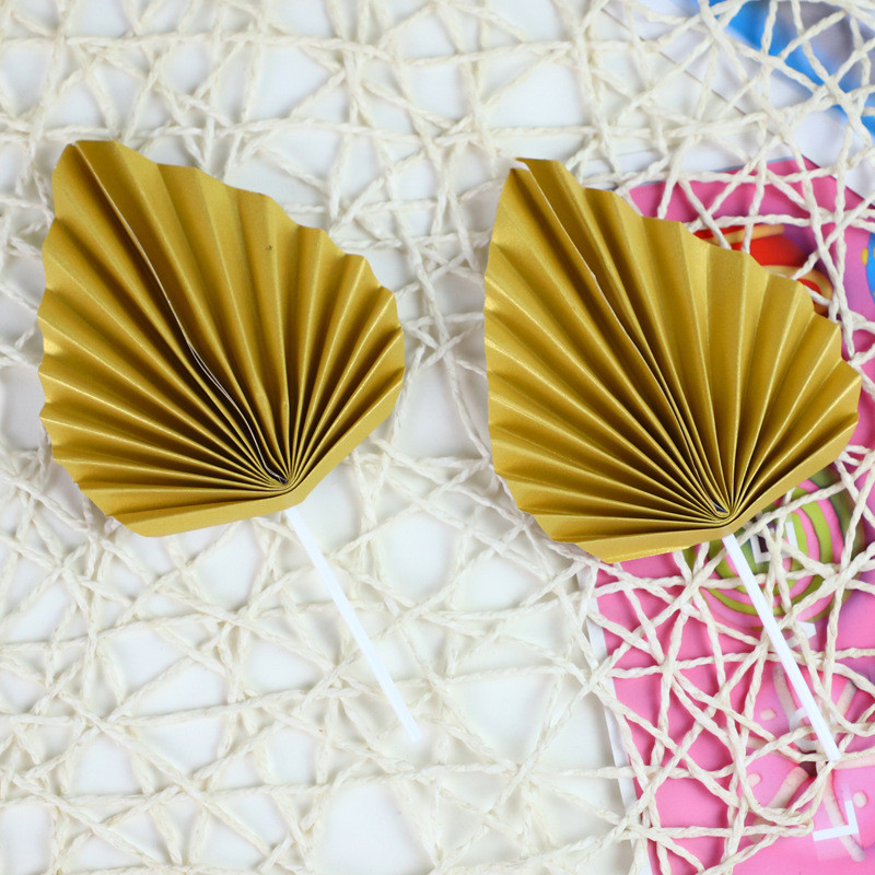 10 gab. Papīra vēdekļa kūkas virsma zelta palmas lapas dzimšanas dienas ballītes dekorēšanai.