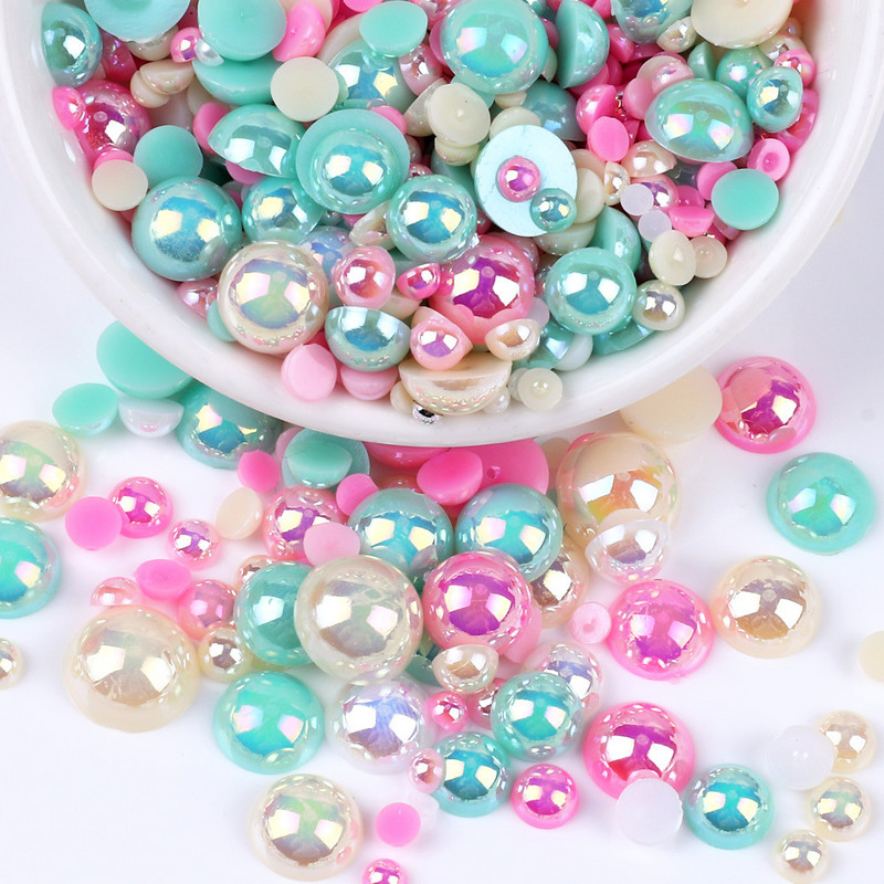 3-10 mm daudzkrāsu jauktas AB plakanas pusapaļas krelles, vaļīgas krelles nagu mākslas telefona dekorēšana, dimanta DIY imitācijas pērles