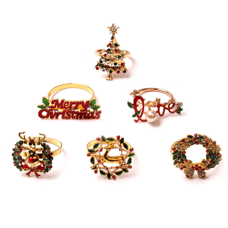 1gab Ziemassvētku salvešu gredzenu sprādzes sakausējums Augstas kvalitātes jauki auduma gredzenu turētāji mājas restorāna Ziemassvētku ballīšu galda dekorēšanai