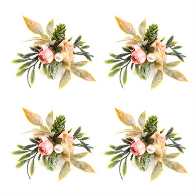 Divu rožu salvešu gredzenu komplekts no 4, rozā ziedu salvešu gredzeni ar ogām un zaļām lapām ar rokām gatavoti salvešu gredzenu turētāji