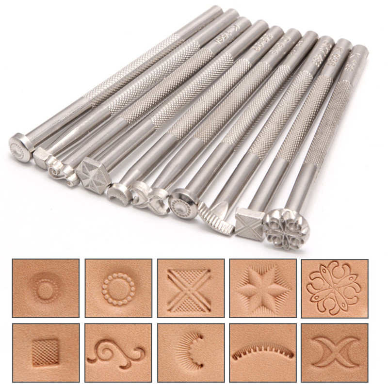 Ādas zīmogu drukāšanas rīka komplekts sakausējuma zīmogu perforatoru komplekts grebšanas seglu izgatavošanas rīki ādas amatniecībai DIY mākslas darbu reljefu piegāde