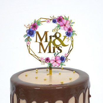 1бр Mr Mrs Wedding Cake Topper Acrylic Ins Flower Bride Wedding Engagement Cupcake Topper for Valentine\'s Day Party Cake Decor