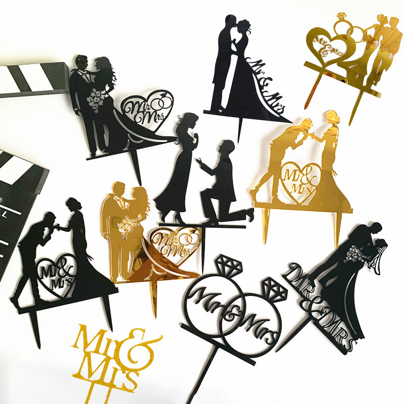 5gab Melnā zelta mīlestības piedāvājuma saderināšanās gadadienai kāzu akrila kūkas virsma Romantiskas kāzu kūkas dekorēšanas ballītes piederumi