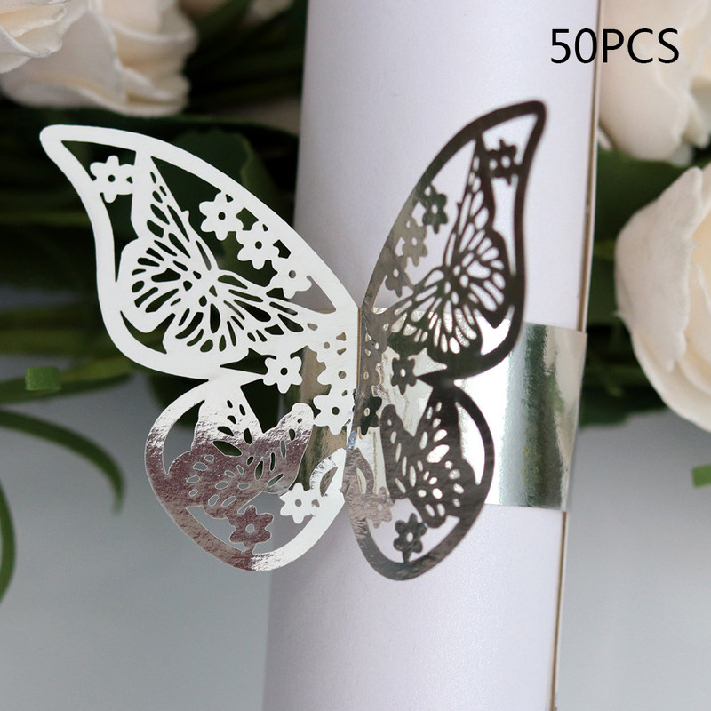 50Gb Butterfly Salvešu Gredzeni Apskāviens Perlamutra papīra Servēšanas galda Salvešu Turētāji Saspraude Kāzu Ziemassvētku Dekorācija Zelta krāsa