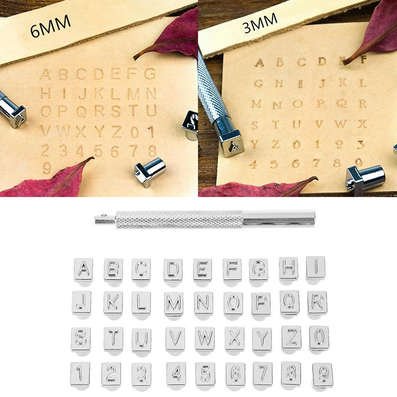 36 gab. Alfabēta burtu numuru komplekts Ādas štancēšanas rīku komplekts 3 mm/6 mm tērauda perforators, metāla štancēšanas rīks, DIY ādas amatniecības instrumenti