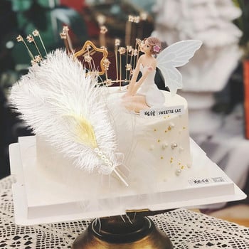 1/3Pcs Romantic Pearl Feather Cake Topper Μαύρο Λευκό Πουπουλένιο Cupcake Toppers για Διακόσμηση επιδόρπιο για κέικ γάμου γενεθλίων