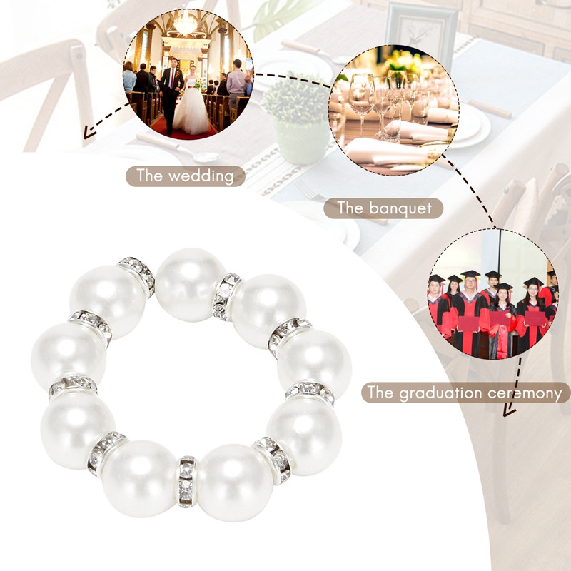 Salvešu gredzenu komplekts 12, Pērļu imitācijas, Rhinestone Pērlīšu salvešu gredzenu turētājs vakariņu galda dekorēšanai, kāzām