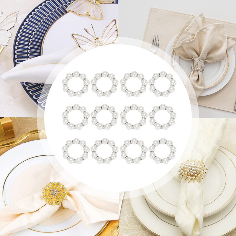 Salvešu gredzenu komplekts 12, Pērļu imitācijas, Rhinestone Pērlīšu salvešu gredzenu turētājs vakariņu galda dekorēšanai, kāzām