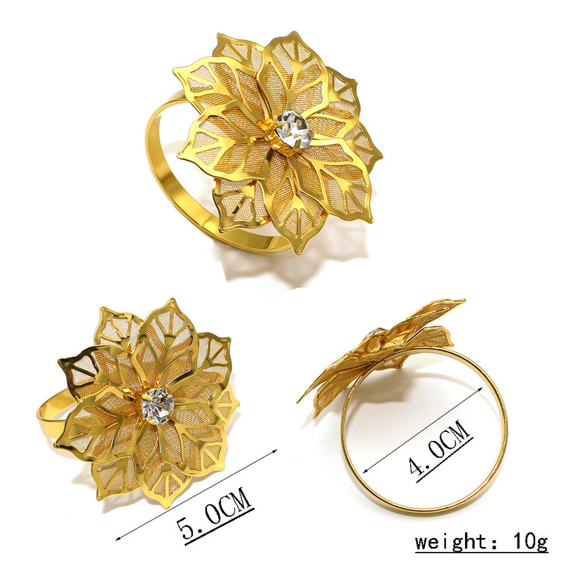 6/12 gab sakausējuma salvešu gredzens ar ziedu Rhinestone Design Zelta sudraba dvieļu salvešu sprādzes turētāji Kāzu ballīšu vakariņu galda dekorēšana