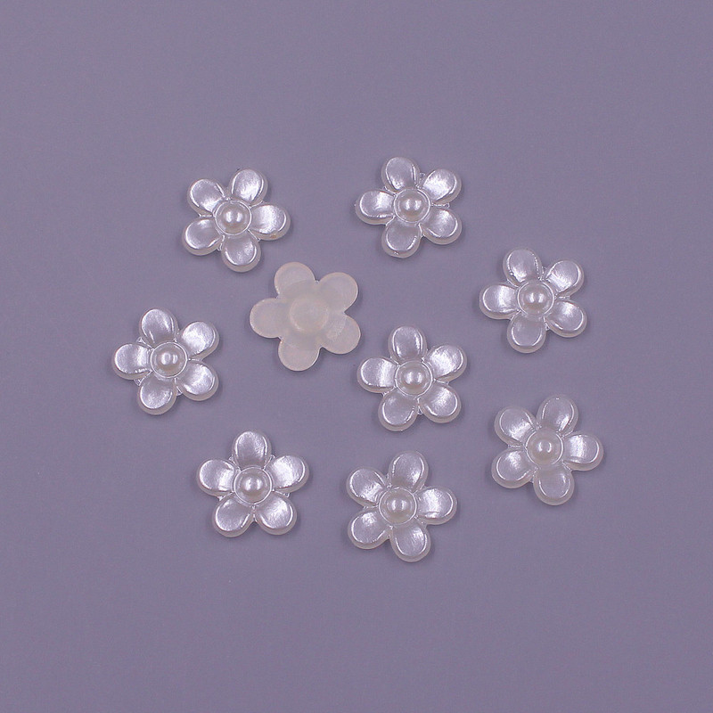 12 MM, 100 gab. Zieda forma, vaļīgas krelles, ABS imitācija, pusapaļa pērle, plakana aizmugure krelles.