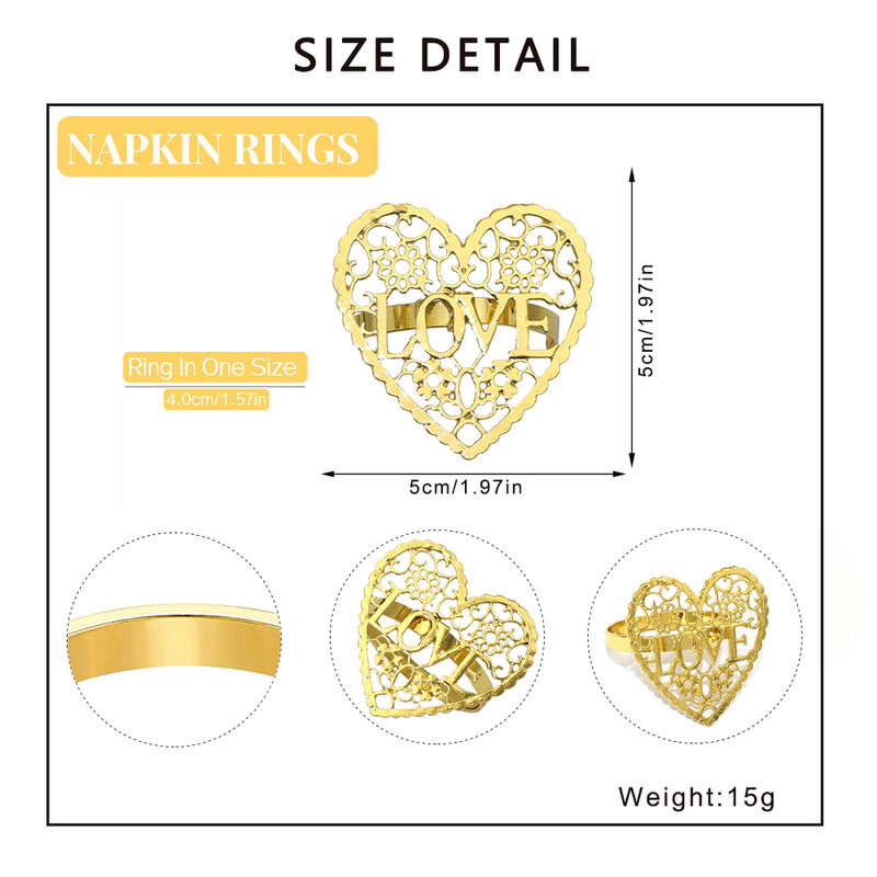 Dvianna 8Gb Sirds formas salvešu gredzeni Zelta metāla mīlestības salvešu turētājs Valentīndienas kāzu galda rotājumiem HWW05
