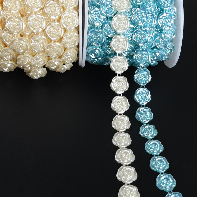 1 jards, 17 mm platums, ABS rožu ziedu plakans muguras imitācijas pērļu pērlīšu ķēdes šūšanas apdare, kūka dekorēšana, grims un kāzu sakārtojumi