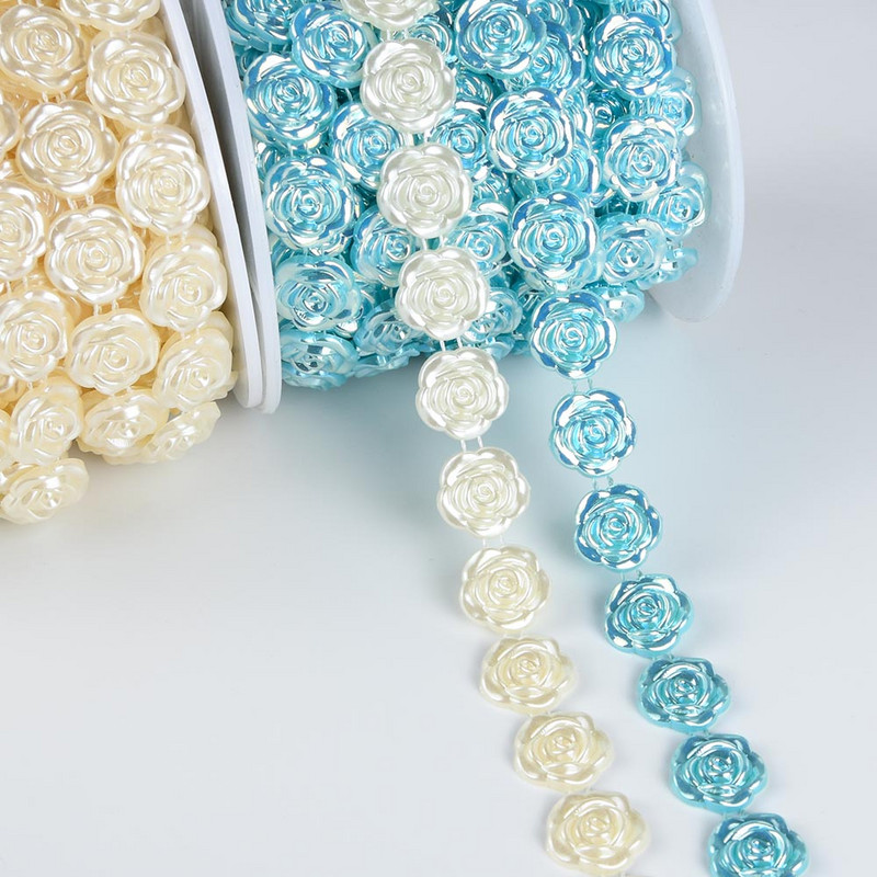 1 jards, 17 mm platums, ABS rožu ziedu plakans muguras imitācijas pērļu pērlīšu ķēdes šūšanas apdare, kūka dekorēšana, grims un kāzu sakārtojumi