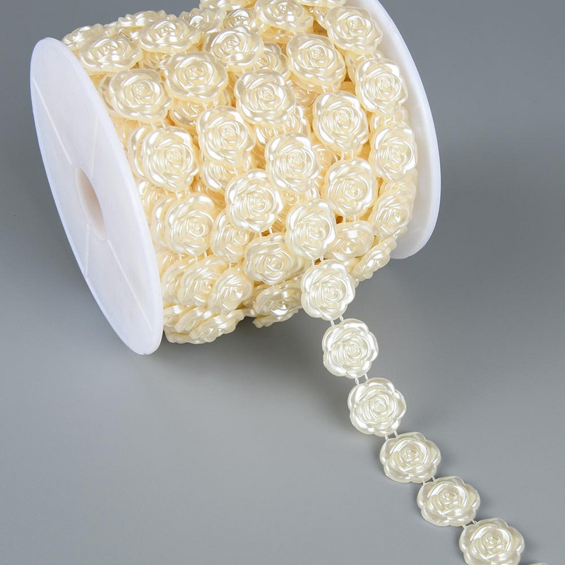 1 jards, 17 mm platums, ABS rožu ziedu plakans muguras imitācijas pērļu pērlīšu ķēdes šūšanas apdare, kūka dekorēšana, grims un kāzu sakārtojumi