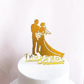 Украса за годежна торта Младоженец Булка Топер за торта Акрилно злато Сватбено парти Топери за кексчета Леки ленти Направи си сам Печене