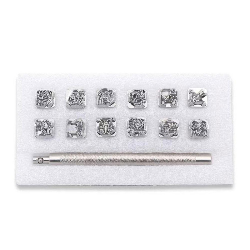 12 gab. Ādas apzīmogošanas drukāšanas rīku komplekts, sakausējuma zīmogu perforators, metāla zīmogu komplekts ādas zīmogu griešanas amatniecības rīkam