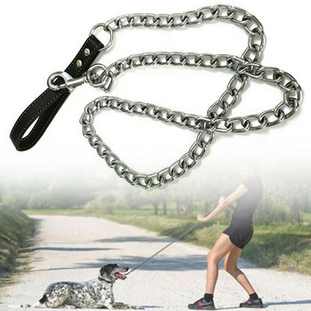 Тежка метална верига Повод за кучета с кожена дръжка, дълга, здрава каишка за управление Външно въже за теглене на домашни любимци, консумативи за верига против ухапване