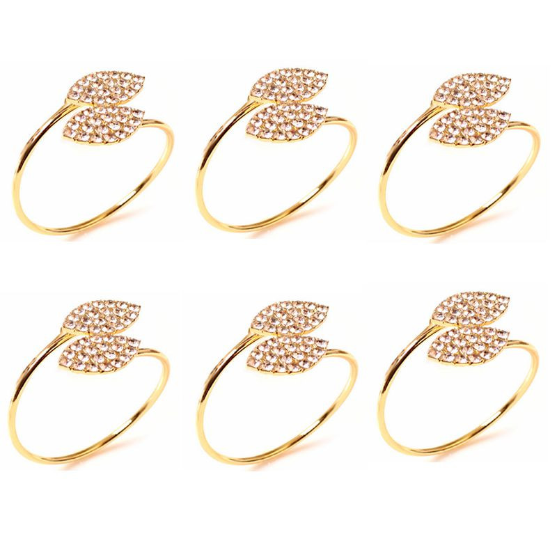 4/6 gab Kāzu salvešu gredzenu turētājs kāzu dzimšanas dienas svinībām vakariņu galda noformējumam zelta lapas, kalnu kristāla metāla salvešu sprādzes