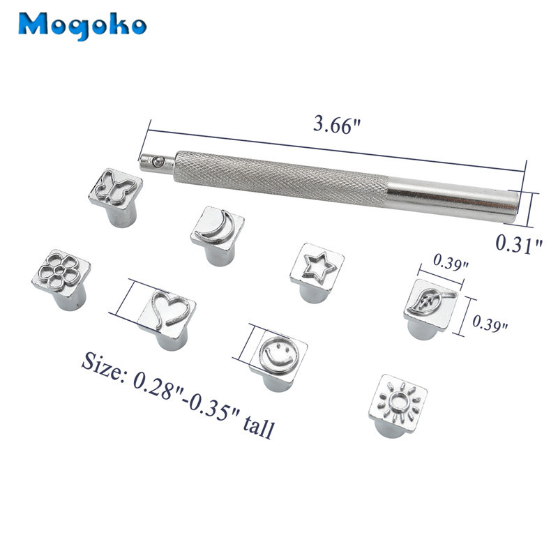 Mogoko ādas izstrādājumu zīmogi štancēšanas rīki sakausējuma tērauda raksta zīmogi perforatoru komplekts DIY ādas amatniecības darba sēdekļu izgatavošanas rīki 8 gab.