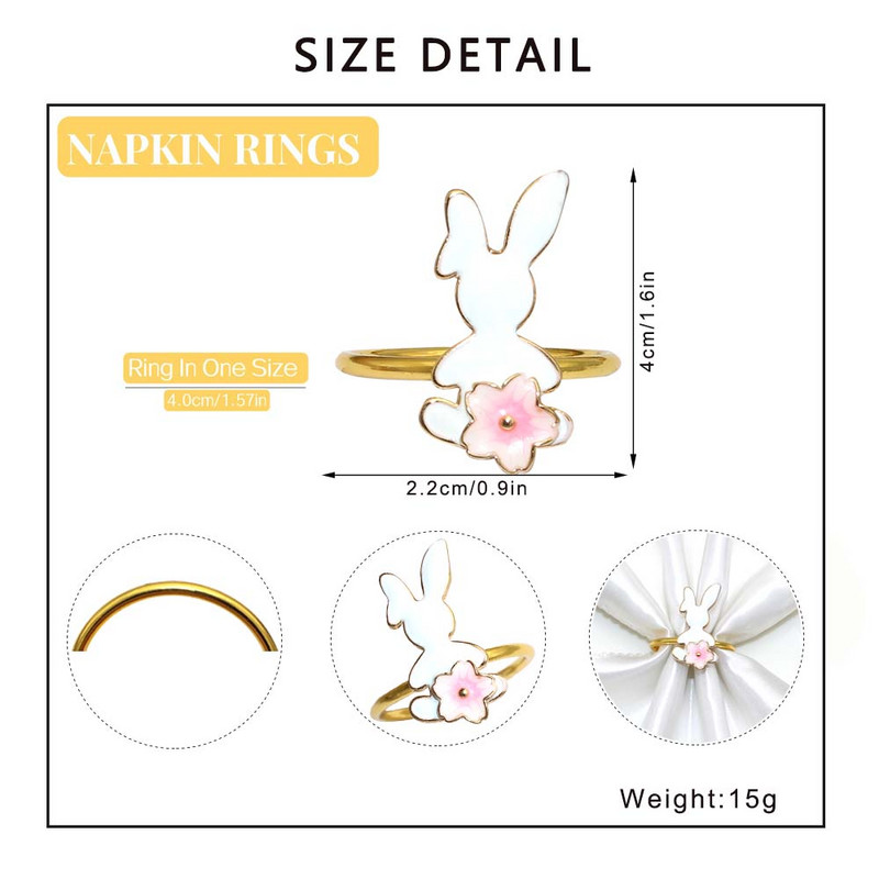 8 tk valge jänku salvräti sõrmus lihavõttesalvräti pandla metallist kullast salvräti sõrmuse hoidjad lihavõttepühade jaoks koduköögi lauakaunistuseks HWH88