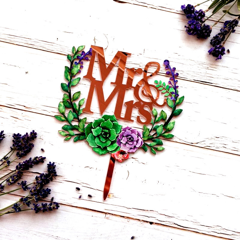 ins Lavandas augs"Mr&Mrs"Kūku virsma Rozā zelta Izsmalcināta akrila kāzu ballīte Kēksu toperi Līgavas un līgavaiņa kāzu dekorēšana