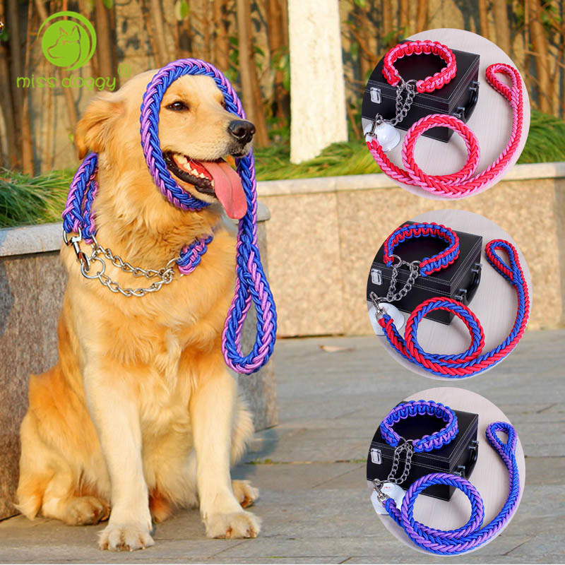 1,2 M garuma dubultā pinuma suņu kakla siksna un pavadas komplekts, izturīga virves neilona kaklasiksna lieliem suņiem zelta retrīvera labradora āra